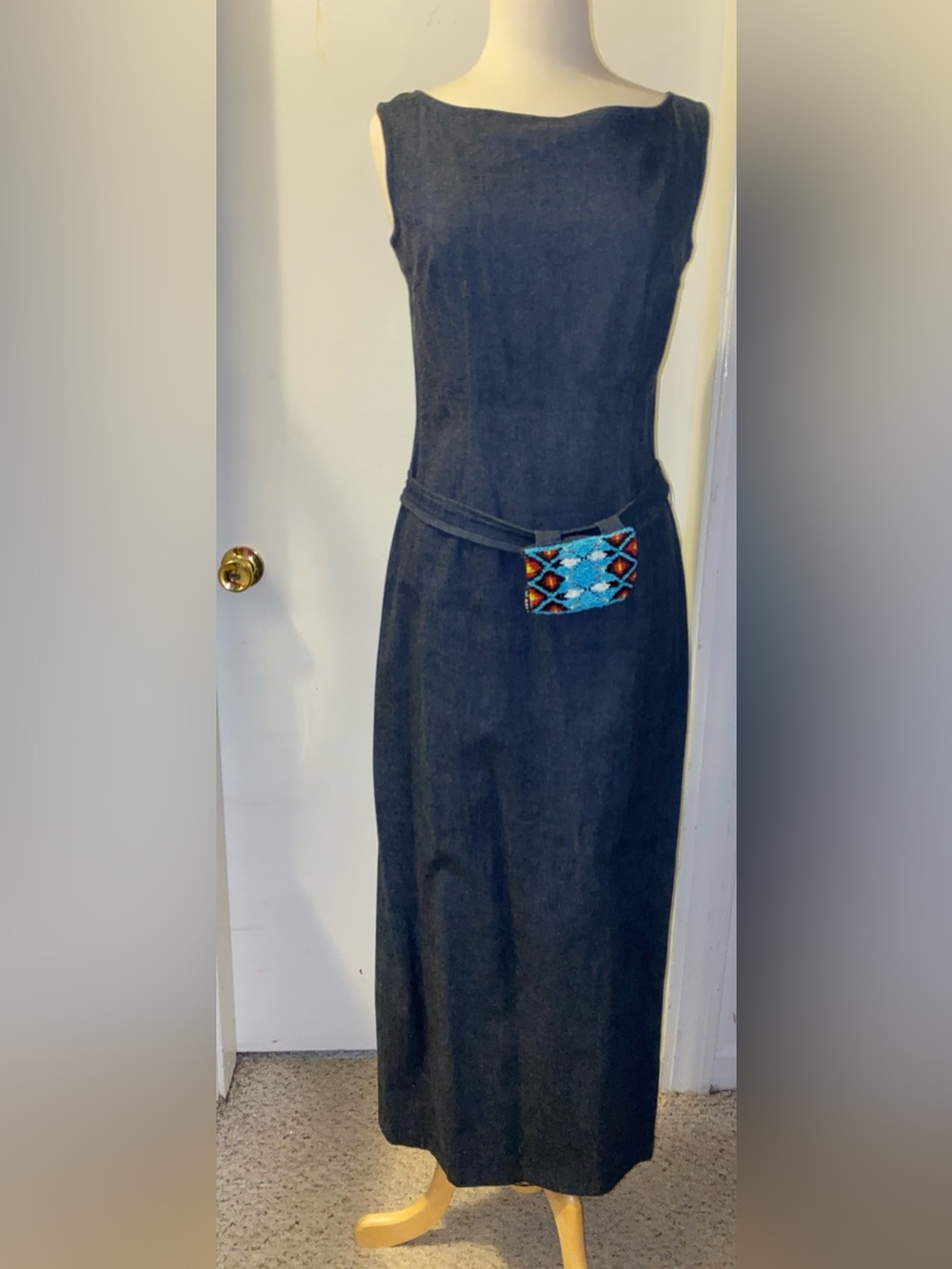 Muse Denim Blue Sleeveless Straight Dress Turquoise & Orange Beaded Belt Accent